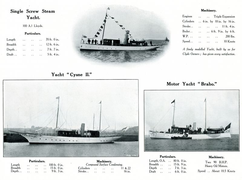  Single Screw Steam Yacht

Steam Yacht CYSNE II

Motor Yacht BRABO

Page from Otto Andersen catalogue.

Ships Built on the River Colne 2009 has CYSNE II Yard No. 538 completed May 1906 Official No. 117949.

BRABO completed August 1913. 
Cat1 Places-->Wivenhoe-->Shipyards Cat2 Yachts and yachting-->Steam Cat3 Yachts and yachting-->Motor