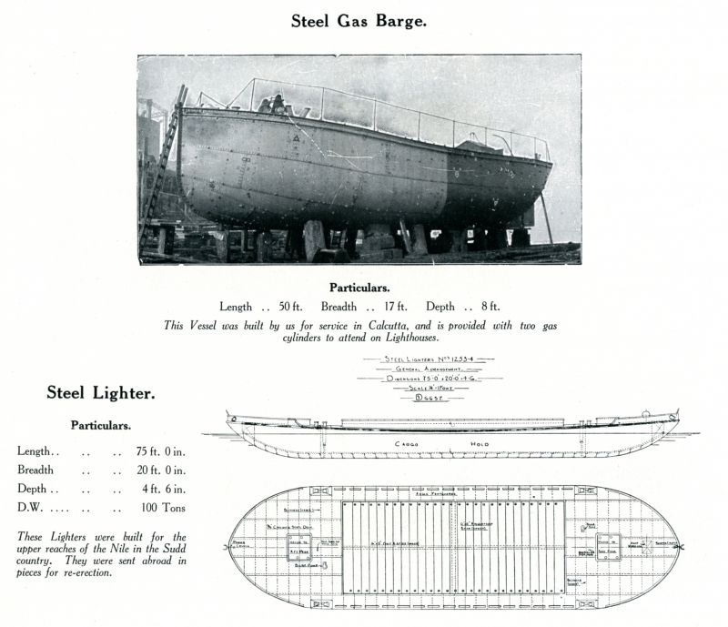 Steel Gas Lighter, built for service in Calcutta.

Steel Lighter built for the upper reaches of the Nile. Yard No. 1253 1254

Page from Otto Andersen catalogue. 
Cat1 Places-->Wivenhoe-->Shipyards