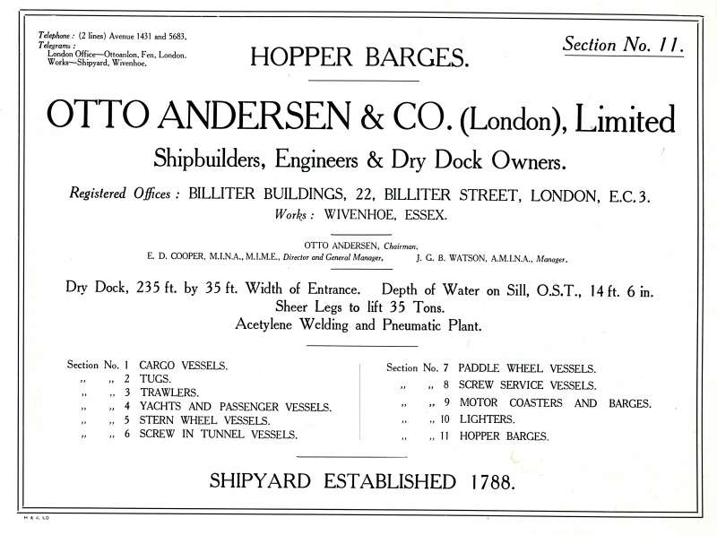  Otto Andersen catalogue, Section No. 11, Hopper Barges 
Cat1 Places-->Wivenhoe-->Shipyards