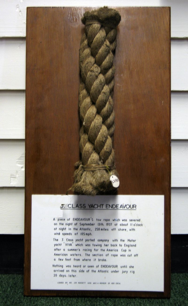  A piece of ENDEAVOUR's tow rope which was severed on the night of 13th September 1937 at about 11 o'clock at night in the Atlantic, 250 miles off Nantucket on the east coast of America, with wind speeds of 105 mph.

The J. Class yacht was being towed back to England by the Motor yacht VIVA II, after a summer's racing for the America's Cup in American waters. The section of rope was cut off a ...
Cat1 Museum-->Artefacts and Contents Cat2 Yachts and yachting-->Sail-->Larger Cat3 Museum-->DisplayPhotos