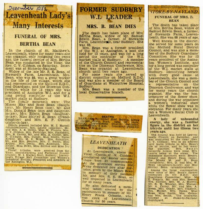  History of the Bean Family

Funeral of Mrs Bertha Bean at Leavenheath. She was 88.

December 1952 
Cat1 Families-->Bean / May