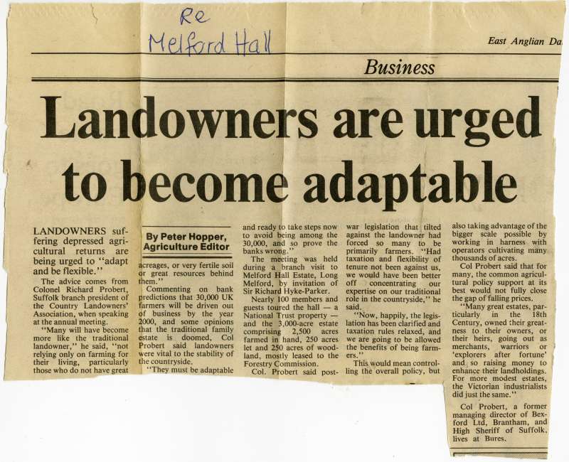 Click to Pause Slide Show


 History of the Bean Family

Landowners are urged to become adaptable. Re. Melford Hall.

From East Anglian Daily Times 
Cat1 Families-->Bean / May
