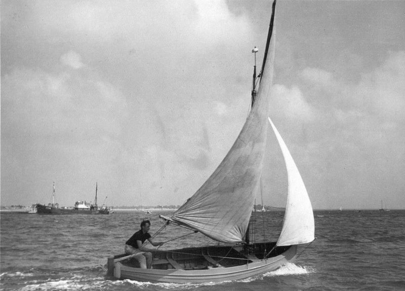 David Green sailing the JOY after major repairs and the addition of a centre board in 1966.

The story of the JOY is covered in Ode to Joy by Charles Harker. 
Cat1 Yachts and yachting-->Sail-->Small yachts / dinghies Cat2 Families-->Green