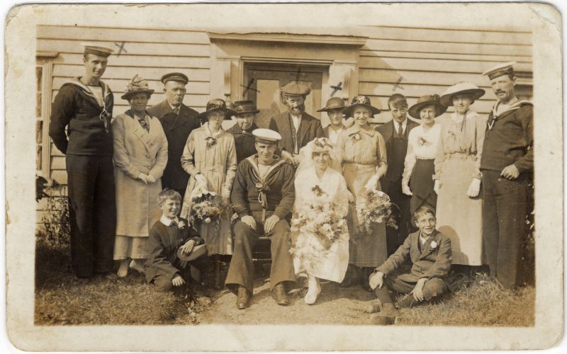  Photograph outside Moss Cottage, Queens Corner after the marriage of Lucy Sarah Hoy and Archibald Percy Green at St. Peter and St. Paul Church. 
Cat1 Families-->Green