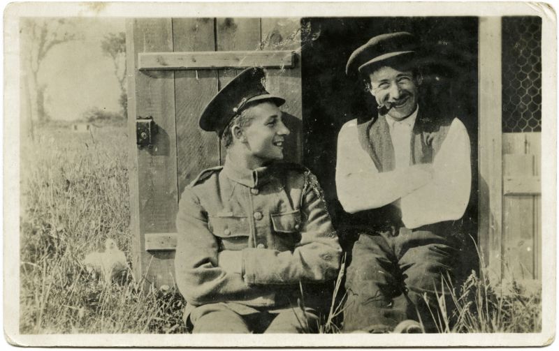  William and George Hoy. William on the left was on his last leave and was killed in action 17 February 1917. The back of the postcard is addressed to Ivy Hoy, Haycock's Farm, East Mersea Essex - see  ...
Cat1 Families-->Other Cat2 War-->World War 1 Cat3 [Display on front screen]