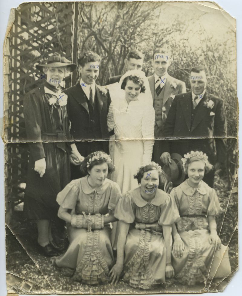 Click to Pause Slide Show


 Wedding of Jack and June Hoy in 1939.

Back 1. Kate, 2, Jack, 3. bride, 4. (behind), 5. Percy, 6. Alan

Bridesmaids 1., 2. Hazel, 3.


Kate Elizabeth Franklin married Allan Hoy Barnet 1908. Jack Hoy and Percy Hoy are their sons and Hazel their daughter.


Jack Hoy went to France with the British Expeditionary Force in 1939 and was then evacuated in 1940 at the time of Dunkirk. ...
Cat1 Families-->Hoy