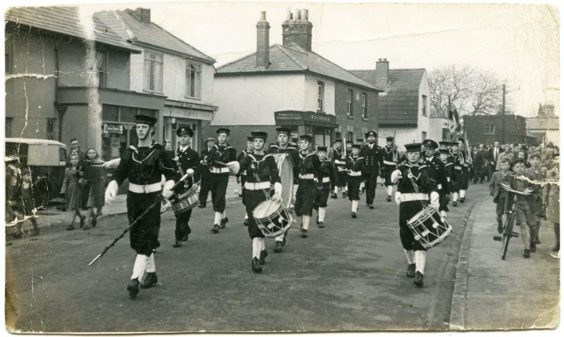  Armistice Day Parade - Mersea Island Sea Cadet Corps. 
The first parade with the band. Photograph in West Mersea High Street. 
Cat1 Sea Cadets