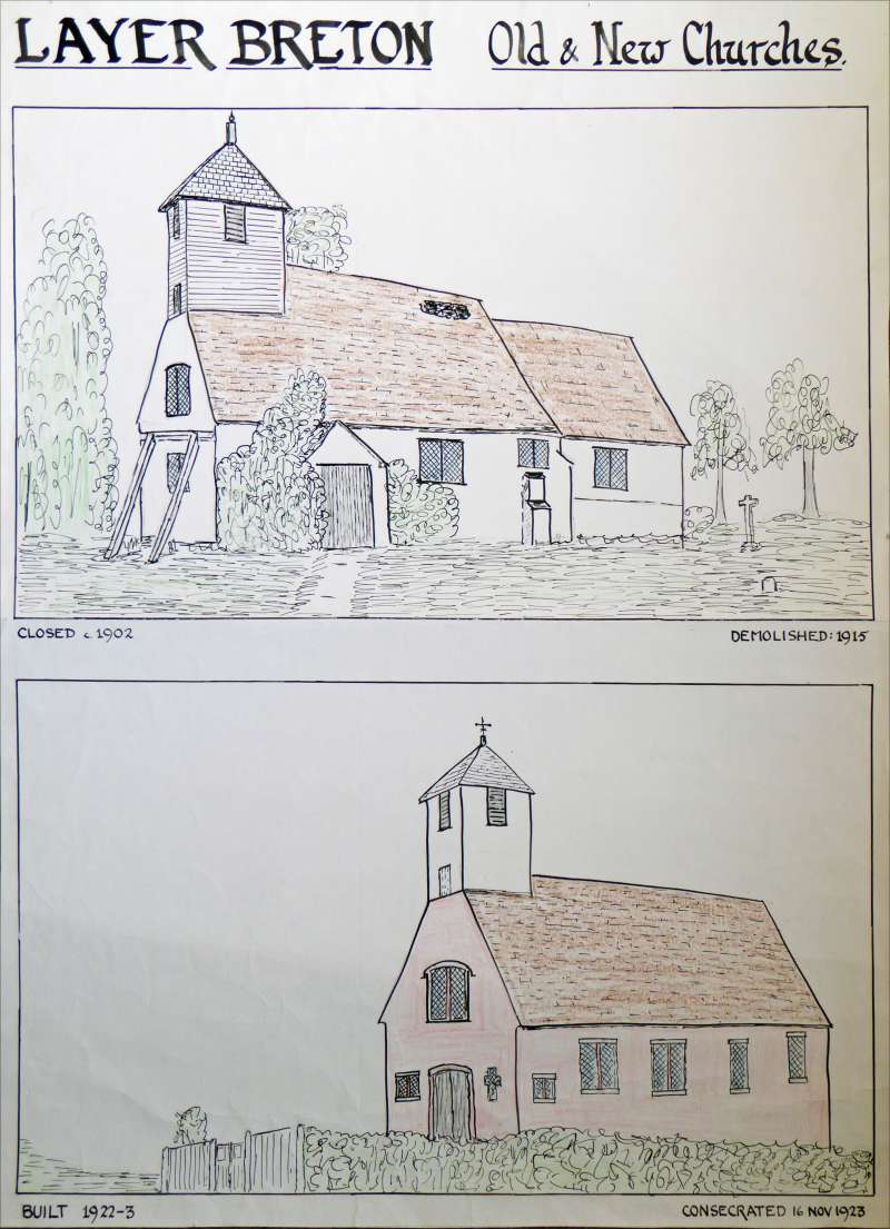  Layer Breton old and new churches.

Old closed in 102, demolished 1915

New built 1922-23. Consecrated 16 November 1923


Drawings by T.B. Millatt 
Cat1 Places-->Layer Breton