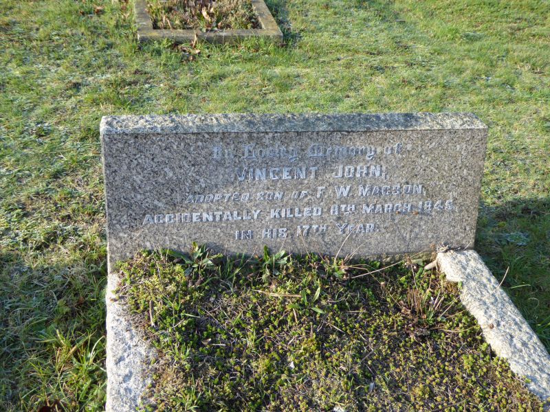  In loving memory of Vincent John, adopted son of F.W. Magson,

Accidently killed 8th March 1945 in his 17th year.

Firs Road Cemetery, West Mersea. 
Cat1 Families-->Other