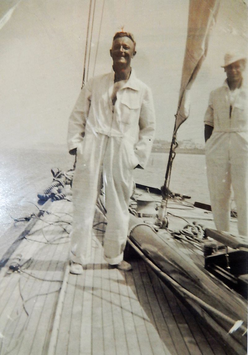  Charles 'Jumbo' Randall on board ENDEAVOUR 1 - a photograph sent by his daughter.

Charles was mastheadman on both ENDEAVOUR 1 and ENDEAVOUR 2. He sailed in ENDEAVOUR 2 for the Americas Cup and ENDEAVOUR 1 to get to Rhode Island and New York. 
Cat1 People-->Fishermen and Seamen Cat2 Yachts and yachting-->Sail-->Larger