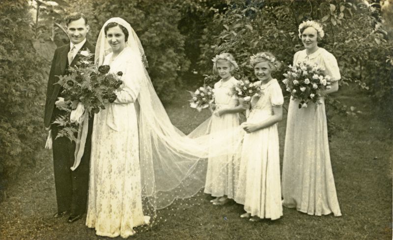  Wedding of Florence James and Bob Hearsum at the Union Church.

Bridesmaids in centre are left ?, centre Mary Cock and right Rosie James (Bride's sister). 
Cat1 Families-->Other