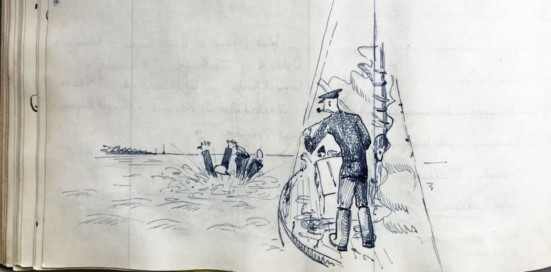  Yacht WINDFLOWER. Overboard !

A cartoon by Peter Milburn, from WINDFLOWER's visitors' book, showing Dolly falling in while Skipper Mussett observes from foredeck. Enough people were on hand to do something and Sir Richard coped with the situation by going below for a large whisky.

Another family member adds it was on a trip up the Blackwater to Heybridge Basin where we ran aground - ...
Cat1 Yachts and yachting-->Sail-->Larger