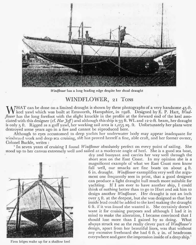  Yacht WINDFLOWER. 21 tons. Article by Colonel Buckle, former owner.

From Little Ships and Shoal Waters by Maurice Griffith, Page 5. 1937. 
Cat1 Yachts and yachting-->Sail-->Larger