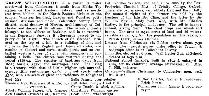  Great Wigborough - Kelly's 1894 Directory Page 379 



... 

National School (mixed), built in 1854 & enlarged in 1889 for 80 children; average attendance, 52; Mrs J. Hill, mistress

Carrier. - William Christmas, to Colchester mon. wed. fri. & sat.


Theobald Rev. Frederick M.A. Rectory

abbott William (exors. of). farmers

Alen Samuel (trustees of), ...
Cat1 Places-->Wigborough Cat2 Books-->Mersea Guides-->Kelly's 