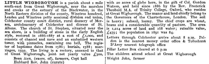  Little Wigborough Kelly's 1894 Directory Page 379



Little Wigborough is a parish about 1 mile south-east from Great Wigborough near the marshes and creeks of the estuary of the Blackwater, in the North Eastern division of the county, Winstree hundred, Lexden and Winstree petty sessional division and union, Colchester county court district, and in the rural deanery of Mersea, archdeaconry ...
Cat1 Places-->Wigborough Cat2 Books-->Mersea Guides-->Kelly's 