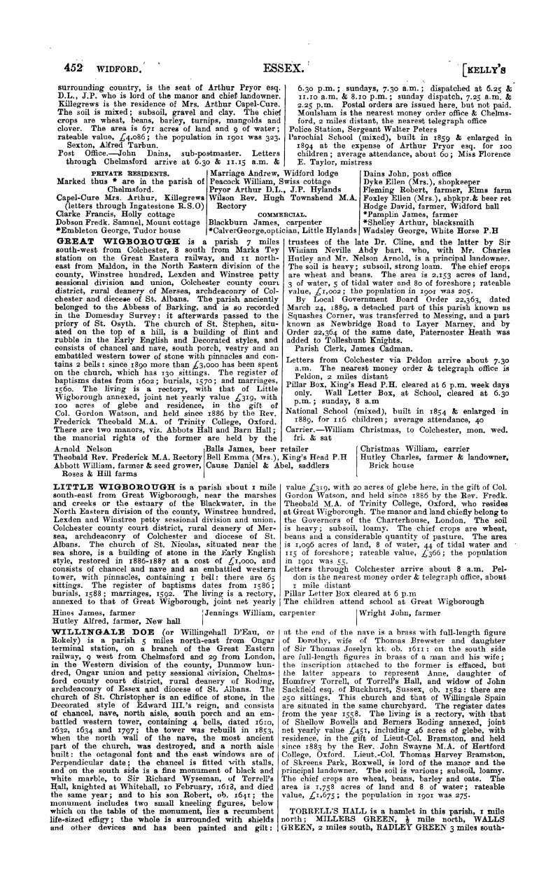  Kelly's 1902 Directory Page 452. 


Great Wigborough

Carrier - William Christmas, to Colchester, on, wed, fri & sat 

...

Bell Emma (Mrs) King's Head P.H.

Cause Daniel & Abel, saddlers


Little Wigborough



With thanks to University of Leicester - specialcollections.le.ac.uk 
Cat1 Books-->Mersea Guides-->Kelly's  Cat2 Places-->Wigborough