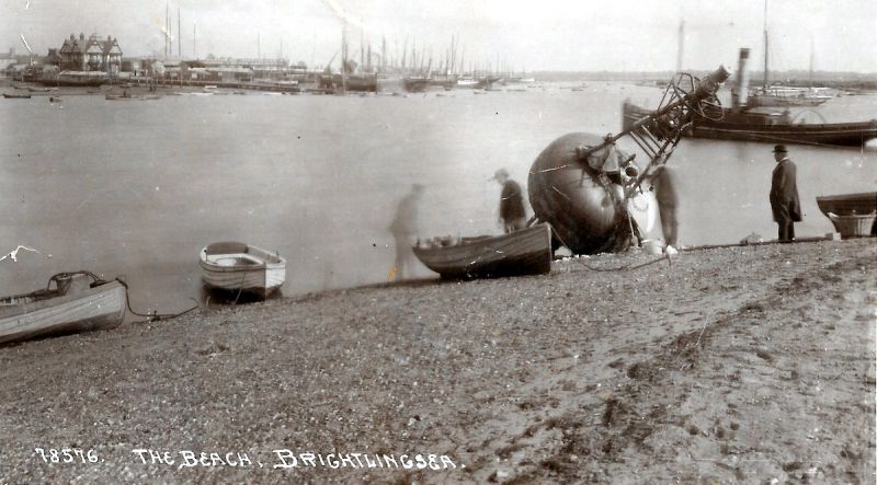  The Beach, Brightlingsea. Postcard 78576. 

View from Point Clear across to Brightlingsea. Steam tug WALRUS ? on the right. 
Cat1 Places-->Brightlingsea