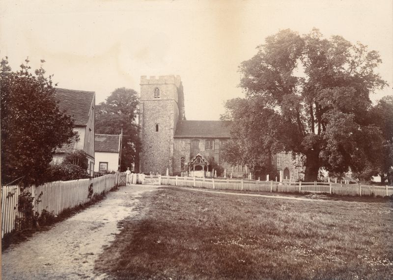  Priest's House, Church Cottage and Peldon Church. Mounted 4.25 x 5.5 inches photograph - name Mrs G. King is on back. 
Cat1 Places-->Peldon-->Buildings