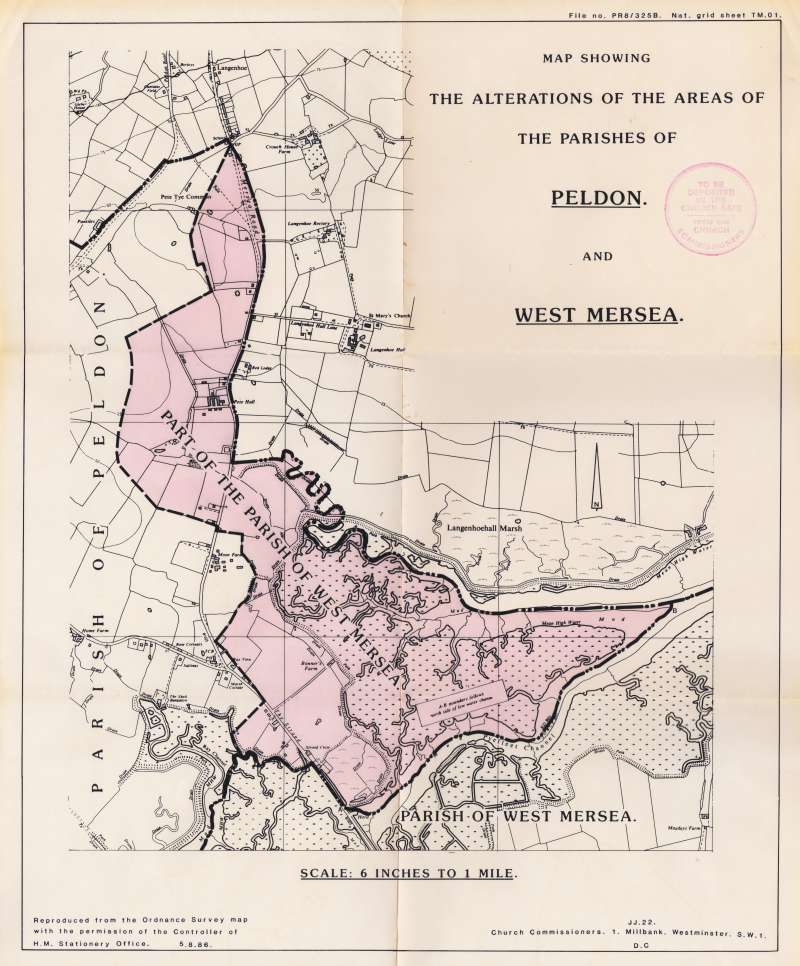  Map showing the Alterations of the areas of the parishes of Peldon and West Mersea.

Map from Church Commissioners.


[The area transferred is the area transferred from the Civil Parish of West Mersea to Peldon in April 1953] 
Cat1 Places-->Peldon Cat2 Maps and Charts