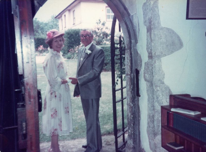  Wedding of Betty Willett and Richard Mazengarb in Little Wigborough Parish Church. Copt Hall is in the background. 
Cat1 Places-->Wigborough