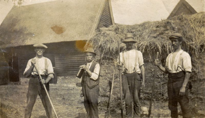  Straw binding in the 1940s, probably at Layer Breton Hall.

L-R 1. Alf Taylor, 2. Charles Taylor (Snr), 3. Samuel Bullock, 4. unknown 
Cat1 Places-->Layer Breton Cat2 Farming