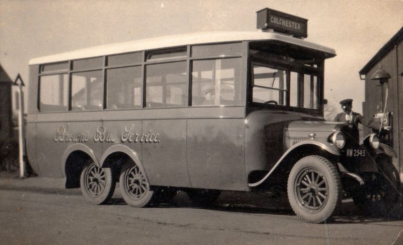  Browns Bus Service coach, destination Colchester. VW2545.It is a Chevrolet 20 seater, first registered 4 April 1928 to Albert Victor Brown, Station Road, Tiptree [ERO via Andy Brown]. 
Cat1 Transport - buses and carriers Cat2 Families-->Stoker / Brown