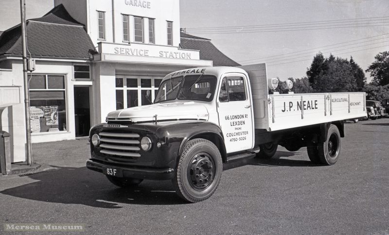  Commer lorry 83F at Underwoods Garage, West Mersea, belonging to J.P. Neale, Agricultural Merchant, 66 London Road, Lexden. 
Cat1 Transport - buses and carriers Cat2 Mersea-->Shops & Businesses