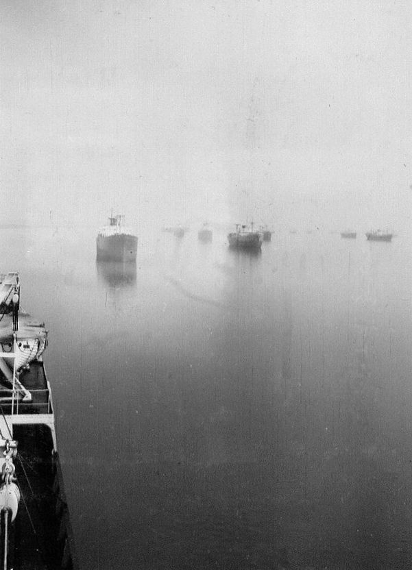 View from BRAZILIAN PRINCE of laid up shipping in the River Blackwater. The vessel astern in MARIA DE LARRINAGA. Date: c1958.