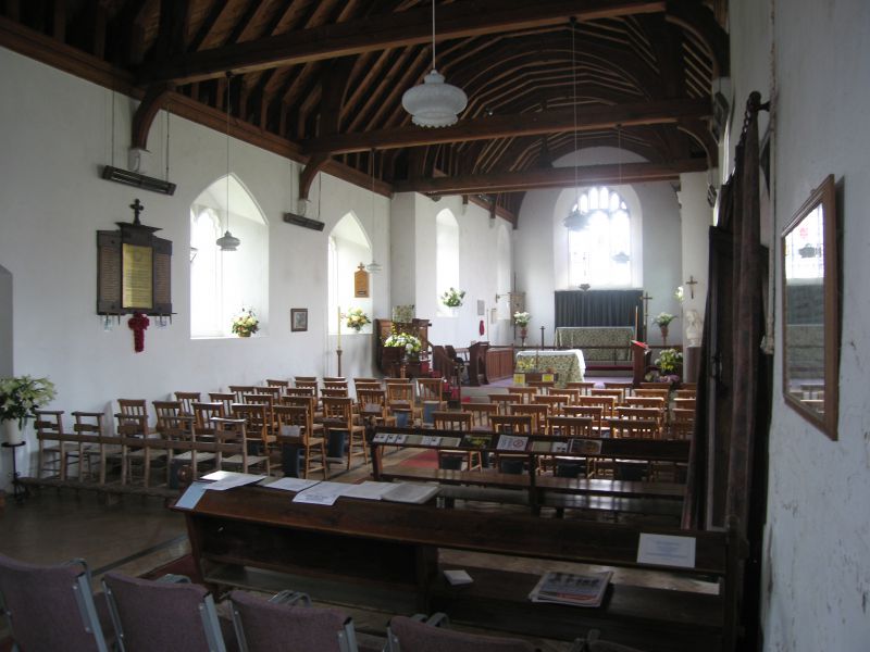  St. Mary's Church, Salcott - interior. The World War I memorial is on the north wall on the left of the picture. 
Cat1 Places-->Salcott & Virley