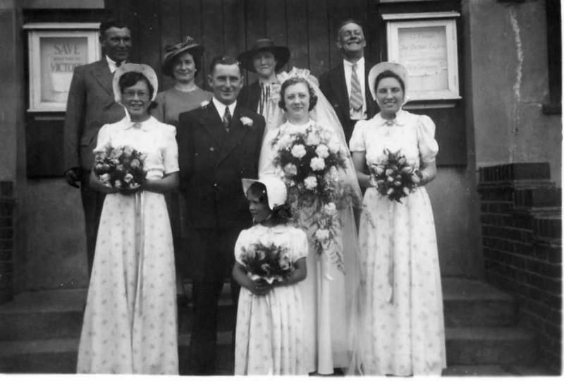  Wedding of Betty Hewes and Tom Pullen - Alice, Chum, Ron, Muriel.

Elizabeth Lilian Hewes and Thomas Gerald Pullen married West Mersea Parish Church. 
Cat1 Families-->Pullen Cat2 Families-->Hewes