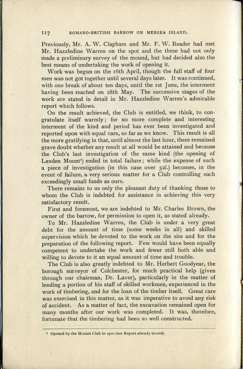 Opening of Romano-British Barrow Page 117. 

Refers to Mr Charles Brown, the owner of the barrow. 
Cat1 Mersea-->Barrow-->Reports