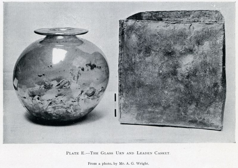  Opening of Romano-British Barrow opposite page 130.

The Glass Urn and Leaden Casket.

From a photo by Mr A.G. Wright. Arthur Wright was Curator at Colchester Museum while the barrow was being excavated in 1912. 
Cat1 Mersea-->Barrow-->Reports