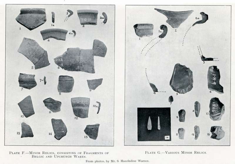 Opening of Romano-British Barrow opposite page 139. 

Plate F - Minor Relics, consisting of fragments of Belgic and Upchurch wares.

Plage G - various Minor Relics

From photos by Mr S. Hazzledine Warren 
Cat1 Mersea-->Barrow-->Reports