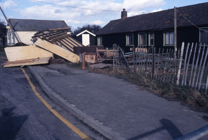  1987 Hurricane. Bottom of Lower Kingsland Road. Stoker's shop. 
Cat1 Disasters and Mishaps-->on Land Cat2 Mersea-->Buildings Cat3 Weather