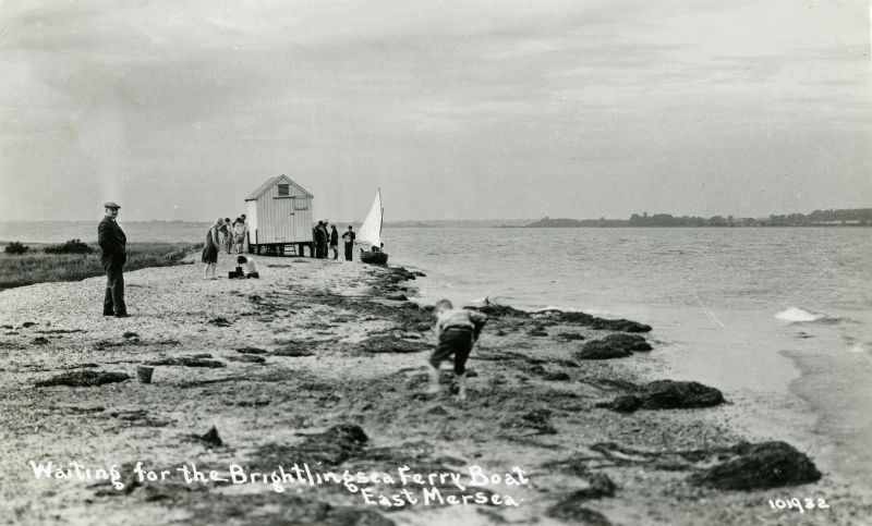  Waiting for the Brightlingsea Ferry. East Mersea Stone ferry hut. Postcard 101932 postmarked Aug 1935. 
Cat1 Mersea-->East Cat2 Places-->Colne