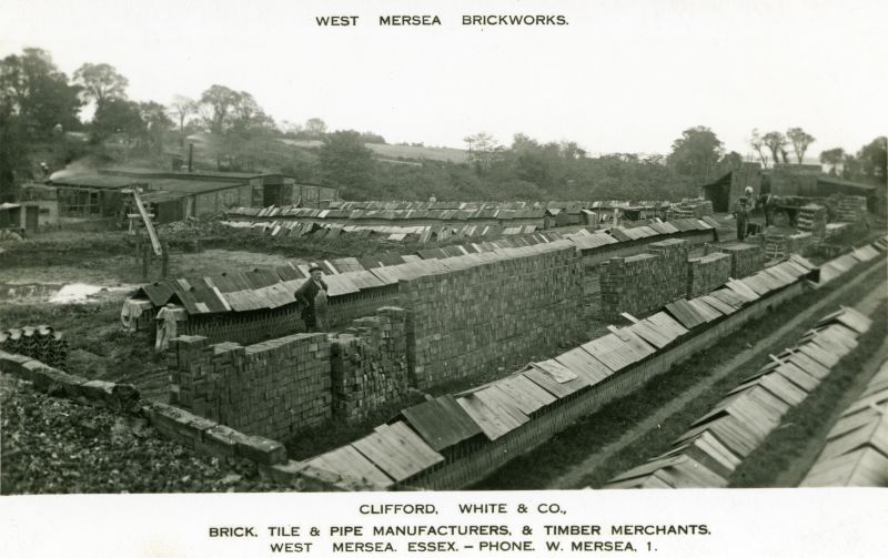  West Mersea Brickworks. Clifford White & Co., brick, tile & pipe manufacturers & timber merchants. Phone West Mersea 1. The yard employed several men and lasted for many years - up to the 1950s? 
Cat1 Mersea-->Shops & Businesses