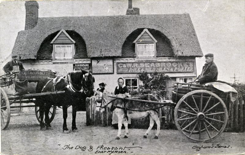  Dog and Pheasant, East Mersea - a Cleghorn postcard.

Licensee C. Wopling. C. & W.R. Seabrooke's Fine Pale and Mild Ales and Porter.

Cart on the left is Octavius Blyth, Donyland Brewery.

In the 1920s, a new building was added at the west end. The old part was later used as a restaurant, and in 2010 was converted to holiday accommodation.

In earlier days, the pub was known as ...
Cat1 Mersea-->East Cat2 Mersea-->Pubs Cat3 Transport - buses and carriers