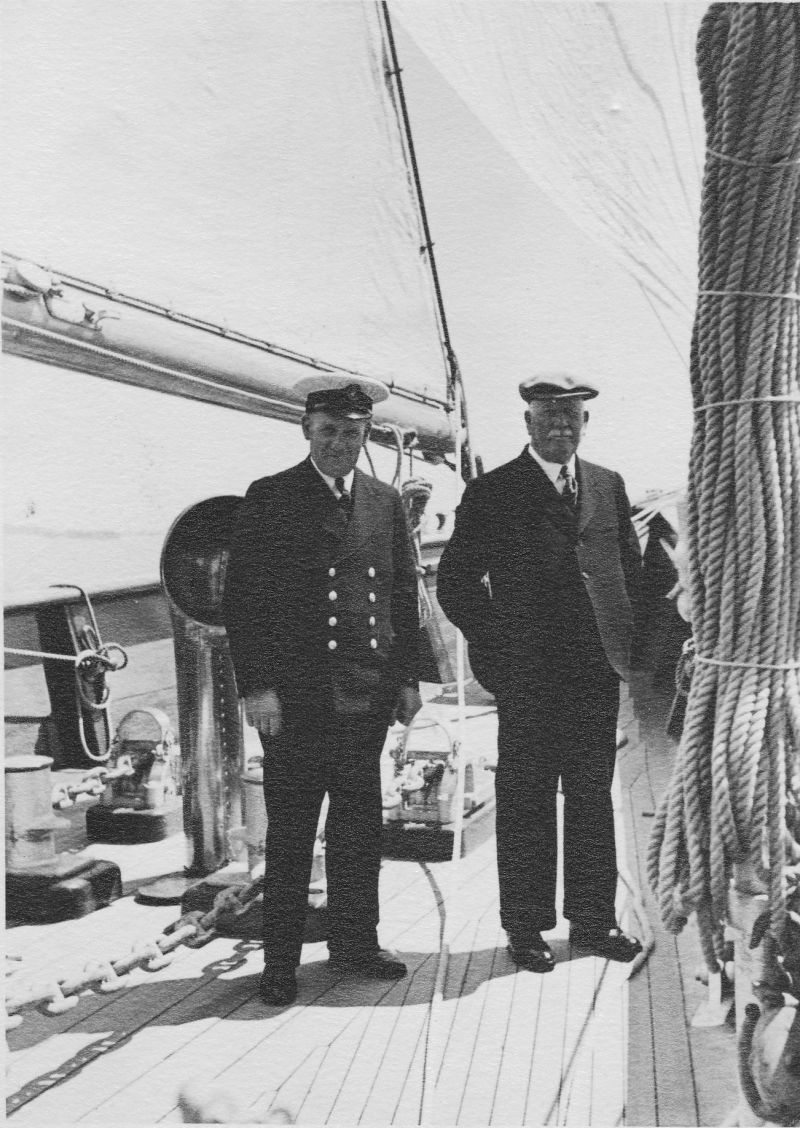  Sydney Charles Leavett is on the left with his father Charles on the right. On the yacht CREOLE, 1938.

Used in Biography of Sydney Charles Leavett, page 6. [BOXB2_005] 
Cat1 Yachts and yachting-->Sail-->Larger Cat2 People-->Fishermen and Seamen