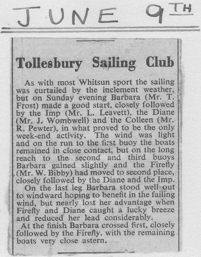  Tollesbury Sailing Club - newspaper report on Whitsun sailing. 
Cat1 Tollesbury-->Yachting