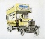 210. ID RG21_013 A Karrier Primrose Bus HK5195 built on the chassis of an ex WW1 Army Lorry. Watercolour by Ron Green.
Cat1 Art-->Ron Green Cat2 Transport - buses and carriers