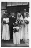 307. ID HAY_THM_012 Wedding of Betty Hewes and Tom Pullen. Ron, Muriel, Chum, Alice.
Elizabeth Lilian Hewes and Thomas Gerald Pullen married West Mersea Parish Church.
Cat1 Families-->Pullen Cat2 Families-->Hewes